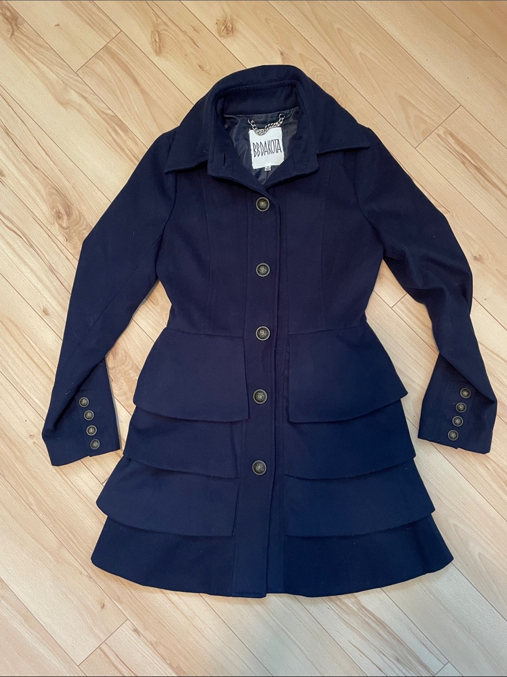 BB Dakota Sz S Navy Blue Women's Coat with Tiered Bottom